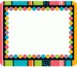 A colorful frame with polka dots and squares.