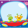 A cartoon of two aliens on a spaceship.