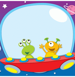 A cartoon of two aliens on a spaceship.