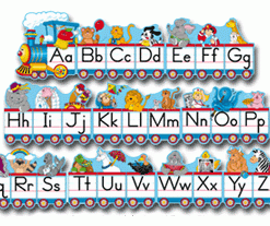 A train with letters and animals on it.