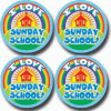 A set of four stickers that say " i love sunday school ".