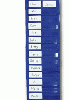A blue and white strip of paper with words on it.