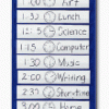 A blue and white board with time tables