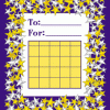 A purple and yellow card with stars around it.