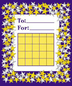 A purple and yellow card with stars around it.