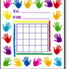 A colorful frame with hands and squares on it.