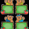A set of four teddy bears holding green boards.