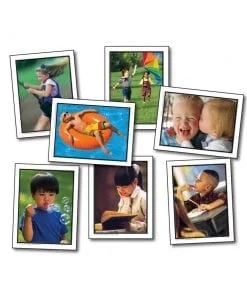 A group of children with pictures on them.