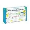 A box of print alphabet letters with pictures and words.
