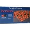 A box of checkers with the pieces missing.