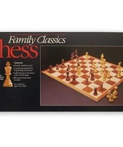 A family chess set is shown in its box.
