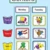 A blue and white poster with different colored centers