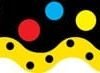 A yellow wave with black and red dots on it.