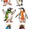 A set of six penguins with scarves on them.