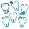 A set of seven teeth with different faces.
