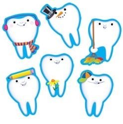 A set of seven teeth with different faces.