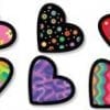 A set of six different hearts with various designs.