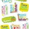 Assorted classroom reminder stickers on sheet