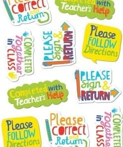 Assorted classroom reminder stickers on sheet