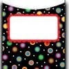 A black bag with colorful polka dots and red trim.