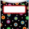 A black folder with colorful polka dots and red trim.