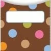 A brown polka dot folder with a white label.