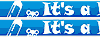 A pair of blue stickers with the words " it's " written in white.