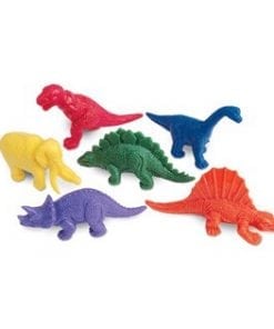 A group of colorful toy dinosaurs.