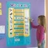 A girl is writing on the wall with a word ladder.