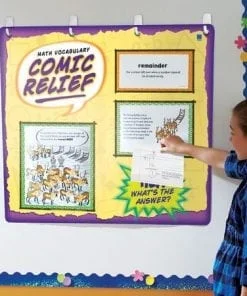 A girl is pointing to the comic relief poster.