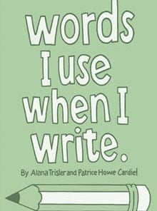 A book cover with words written in green