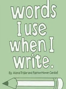 A book cover with words written in green