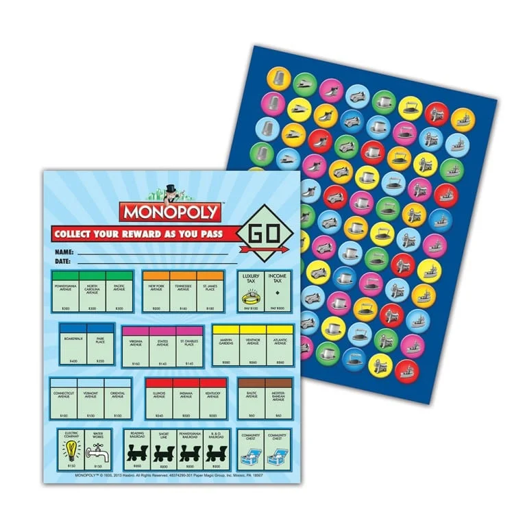 A monopoly board game and stickers