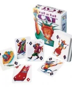 A cat playing cards game with the pieces laid out.