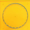 A yellow wall with a circle of blue beads.