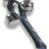 A pair of bells hanging from the side of a black handle.