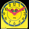A yellow clock with red hands and numbers.