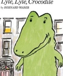 A green dinosaur standing in front of a building.