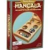 A wooden mancala game box with a few pieces missing.