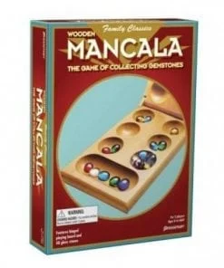A wooden mancala game box with a few pieces missing.