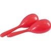 A pair of red spoons are sitting on top of each other.