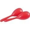 A pair of red spoons are sitting on top of each other.