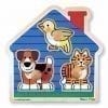 A wooden puzzle of a dog, cat and bird.