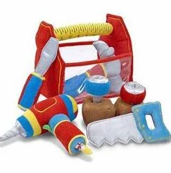 A Toolbox Fill and Spill Toddler Toy with toys and tools.