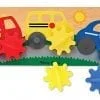 A wooden board with gears and cars on it