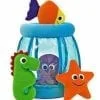 A group of stuffed animals in a glass jar.