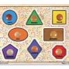 A colorful wooden puzzle with different shapes and colors.