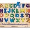 A wooden puzzle with letters and numbers on it.