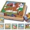 A wooden box with six different pictures of animals.