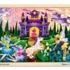 A wooden puzzle with pictures of fairies and unicorns.